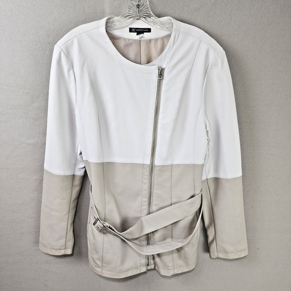INC Faux Leather Moto Jacket, White/Beige w/Belt - Size Missing - Picture 1 of 10